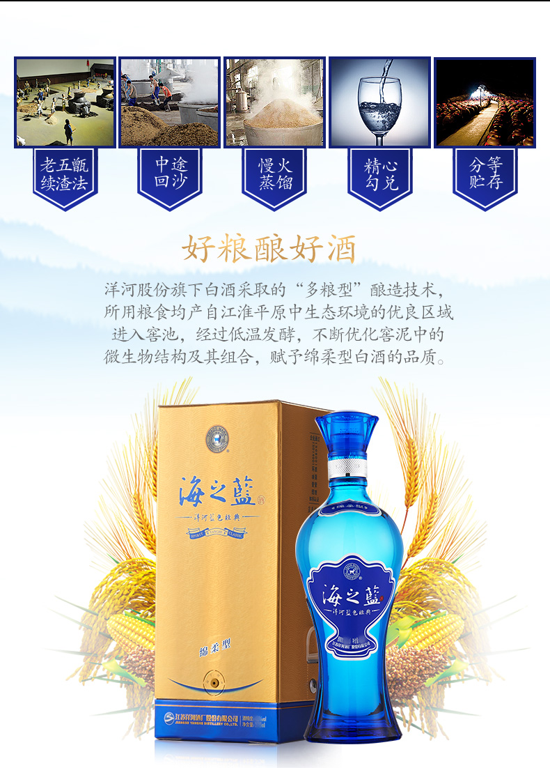 洋河海之蓝浓香型白酒480ml6瓶箱